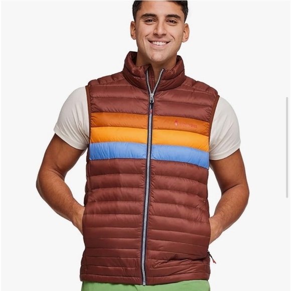 ✨🎉HOST PICK🎉⚡️NWT Cotopaxi Mens Fuego Down Vest Burgundy Stripes - Picture 1 of 12